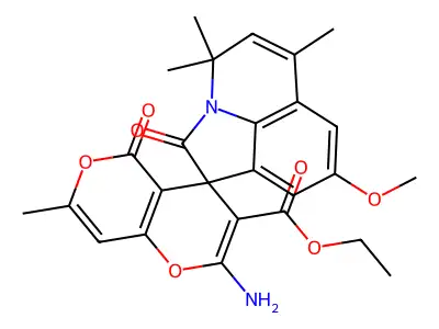 ethyl 2-amino-8'-methoxy-4',4',6',7-tetramethyl-2',5-dioxo-4'H,5H-spiro[pyrano[4,3-b]pyran-4,1'-pyrrolo[3,2,1-ij]quinoline]-3-carboxylate structure