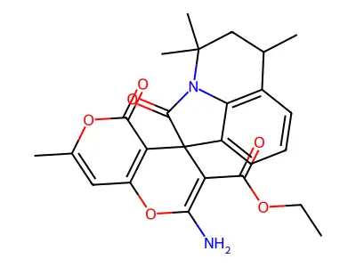 ethyl 2-amino-4',4',6',7-tetramethyl-2',5-dioxo-5',6'-dihydro-4'H,5H-spiro[pyrano[4,3-b]pyran-4,1'-pyrrolo[3,2,1-ij]quinoline]-3-carboxylate structure