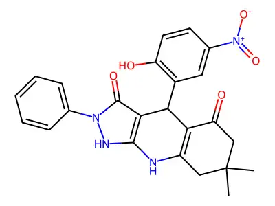 3-hydroxy-4-(2-hydroxy-5-nitrophenyl)-7,7-dimethyl-2-phenyl-2,4,6,7,8,9-hexahydro-5H-pyrazolo[3,4-b]quinolin-5-one structure