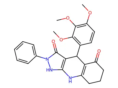 3-hydroxy-2-phenyl-4-(2,3,4-trimethoxyphenyl)-2,4,6,7,8,9-hexahydro-5H-pyrazolo[3,4-b]quinolin-5-one structure