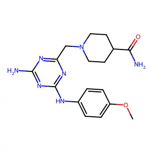 1-({(6Z)-4-amino-6-[(4-methoxyphenyl)imino]-1,6-dihydro-1,3,5-triazin-2-yl}methyl)piperidine-4-carboxamide structure