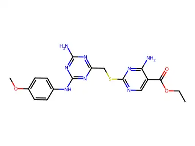 ethyl 4-amino-2-[({4-amino-6-[(4-methoxyphenyl)amino]-1,3,5-triazin-2-yl}methyl)thio]pyrimidine-5-carboxylate structure