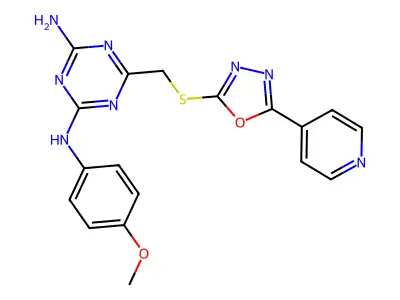 N-(4-methoxyphenyl)-6-({[5-(pyridin-4-yl)-1,3,4-oxadiazol-2-yl]sulfanyl}methyl)-1,3,5-triazine-2,4-diamine structure