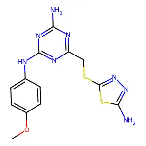 6-{[(5-amino-1,3,4-thiadiazol-2-yl)sulfanyl]methyl}-N-(4-methoxyphenyl)-1,3,5-triazine-2,4-diamine structure