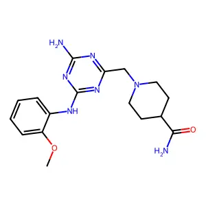 1-({4-amino-6-[(2-methoxyphenyl)amino]-1,3,5-triazin-2-yl}methyl)piperidine-4-carboxamide structure