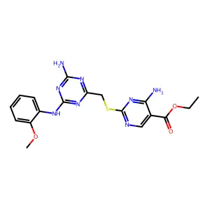 ethyl 4-amino-2-[({4-amino-6-[(2-methoxyphenyl)amino]-1,3,5-triazin-2-yl}methyl)thio]pyrimidine-5-carboxylate structure