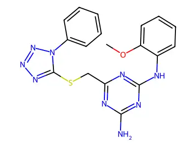 N-(2-methoxyphenyl)-6-{[(1-phenyl-1H-tetrazol-5-yl)sulfanyl]methyl}-1,3,5-triazine-2,4-diamine structure