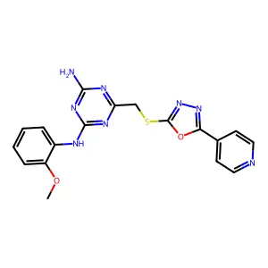N-(2-methoxyphenyl)-6-({[5-(pyridin-4-yl)-1,3,4-oxadiazol-2-yl]sulfanyl}methyl)-1,3,5-triazine-2,4-diamine structure