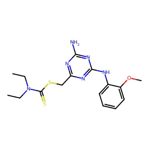 {4-amino-6-[(2-methoxyphenyl)amino]-1,3,5-triazin-2-yl}methyl diethyldithiocarbamate structure