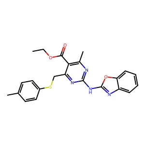 ethyl 2-(1,3-benzoxazol-2-ylamino)-4-methyl-6-{[(4-methylphenyl)thio]methyl}pyrimidine-5-carboxylate structure