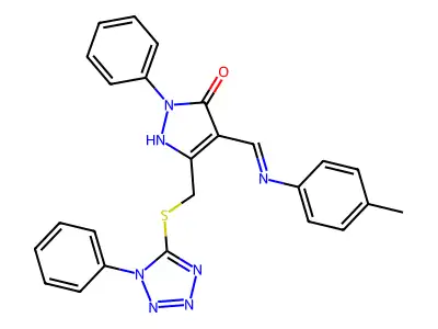 (4E)-4-{[(4-methylphenyl)amino]methylidene}-2-phenyl-5-{[(1-phenyl-1H-tetrazol-5-yl)sulfanyl]methyl}-2,4-dihydro-3H-pyrazol-3-one structure