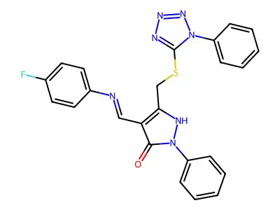 (4Z)-4-{[(4-fluorophenyl)amino]methylidene}-2-phenyl-5-{[(1-phenyl-1H-tetrazol-5-yl)sulfanyl]methyl}-2,4-dihydro-3H-pyrazol-3-one structure