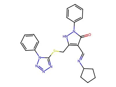 (4Z)-4-[(cyclopentylamino)methylidene]-2-phenyl-5-{[(1-phenyl-1H-tetrazol-5-yl)sulfanyl]methyl}-2,4-dihydro-3H-pyrazol-3-one structure