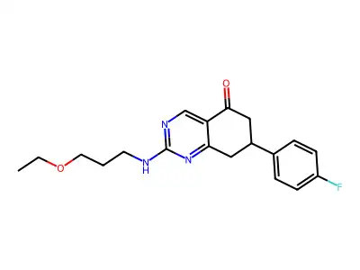 2-[(3-ethoxypropyl)amino]-7-(4-fluorophenyl)-7,8-dihydroquinazolin-5(6H)-one structure