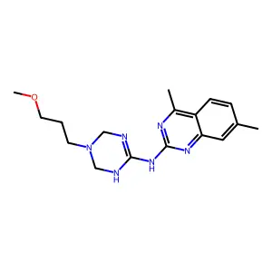 N-[5-(3-methoxypropyl)-1,3,5-triazinan-2-ylidene]-4,7-dimethylquinazolin-2-amine structure