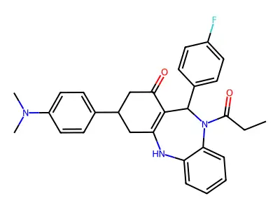 3-[4-(dimethylamino)phenyl]-11-(4-fluorophenyl)-10-propanoyl-2,3,4,5,10,11-hexahydro-1H-dibenzo[b,e][1,4]diazepin-1-one structure