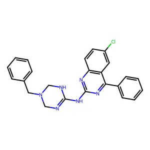 N-(5-benzyl-1,4,5,6-tetrahydro-1,3,5-triazin-2-yl)-6-chloro-4-phenylquinazolin-2-amine structure