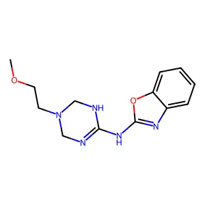 N-[5-(2-methoxyethyl)-1,3,5-triazinan-2-ylidene]-1,3-benzoxazol-2-amine structure