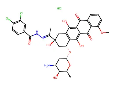 N-[1-[4-(4-amino-5-hydroxy-6-methyl-oxan-2-yl)oxy-2,5,12-trihydroxy-7-methoxy-6,11-dioxo-3,4-dihydro-1H-tetracen-2-yl]ethylideneamino]-3,4-dichloro-benzamide structure