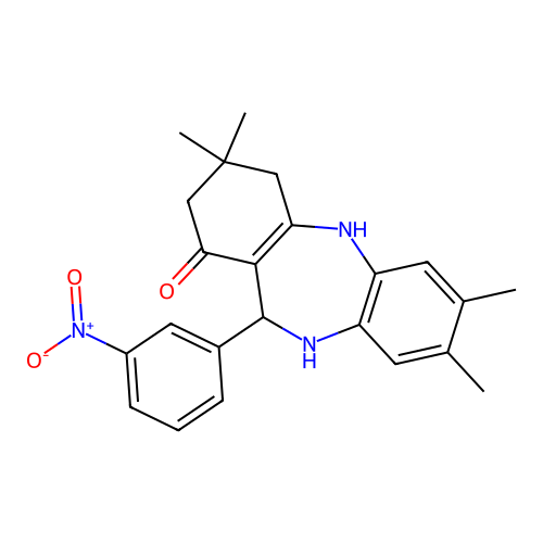 3,3,7,8-tetramethyl-11-(3-nitrophenyl)-2,3,4,5,10,11-hexahydro-1H-dibenzo[b,e][1,4]diazepin-1-one structure