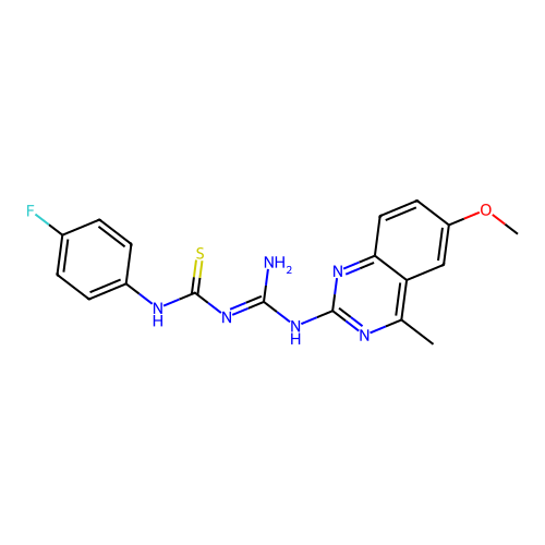 1-(4-fluorophenyl)-3-[N-(6-methoxy-4-methylquinazolin-2-yl)carbamimidoyl]thiourea structure