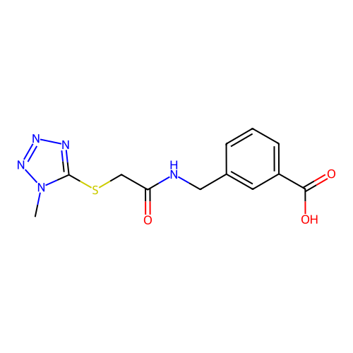 3-[({[(1-methyl-1H-tetrazol-5-yl)sulfanyl]acetyl}amino)methyl]benzoic acid structure
