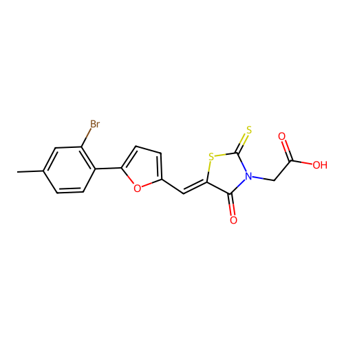 (Z)-2-(5-((5-(2-bromo-4-methylphenyl)furan-2-yl)methylene)-4-oxo-2-thioxothiazolidin-3-yl)acetic acid structure