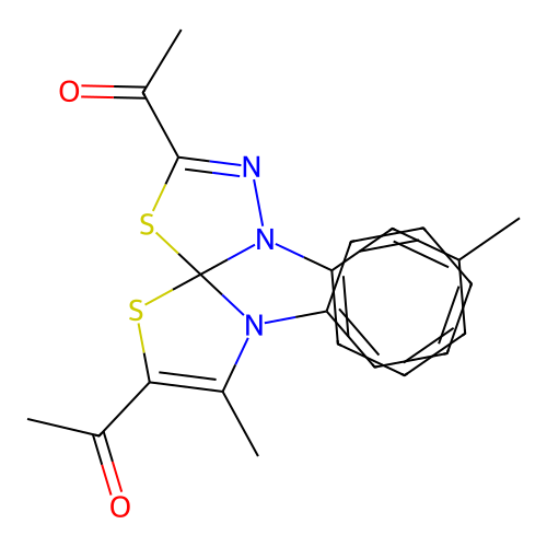 1,1'-[8-methyl-1-(3-methylphenyl)-9-phenyl-4,6-dithia-1,2,9-triazaspiro[4.4]nona-2,7-diene-3,7-diyl]diethanone structure