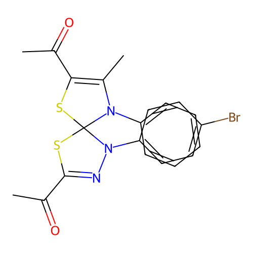 1,1'-[1-(4-bromophenyl)-8-methyl-9-phenyl-4,6-dithia-1,2,9-triazaspiro[4.4]nona-2,7-diene-3,7-diyl]diethanone structure