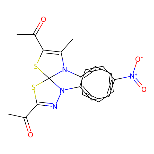 1,1'-(8-methyl-1-(4-nitrophenyl)-9-phenyl-4,6-dithia-1,2,9-triazaspiro[4.4]nona-2,7-diene-3,7-diyl)diethanone structure