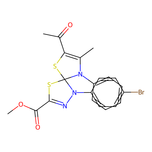 methyl 7-acetyl-1-(4-bromophenyl)-8-methyl-9-phenyl-4,6-dithia-1,2,9-triazaspiro[4.4]nona-2,7-diene-3-carboxylate structure