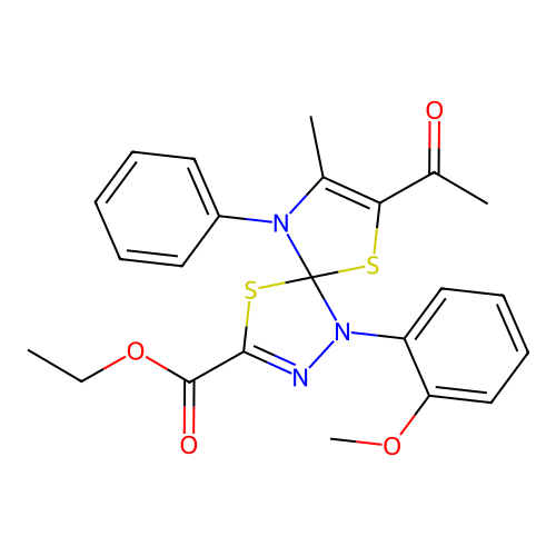 ethyl 7-acetyl-1-(2-methoxyphenyl)-8-methyl-9-phenyl-4,6-dithia-1,2,9-triazaspiro[4.4]nona-2,7-diene-3-carboxylate structure