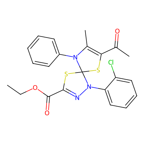 ethyl 7-acetyl-1-(2-chlorophenyl)-8-methyl-9-phenyl-4,6-dithia-1,2,9-triazaspiro[4.4]nona-2,7-diene-3-carboxylate structure
