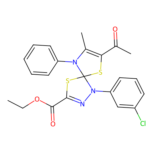ethyl 7-acetyl-1-(3-chlorophenyl)-8-methyl-9-phenyl-4,6-dithia-1,2,9-triazaspiro[4.4]nona-2,7-diene-3-carboxylate structure