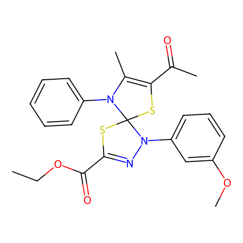 ethyl 7-acetyl-1-(3-methoxyphenyl)-8-methyl-9-phenyl-4,6-dithia-1,2,9-triazaspiro[4.4]nona-2,7-diene-3-carboxylate structure