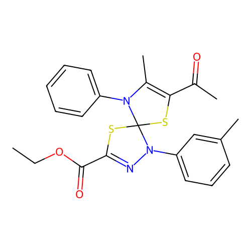 ethyl 7-acetyl-8-methyl-1-(3-methylphenyl)-9-phenyl-4,6-dithia-1,2,9-triazaspiro[4.4]nona-2,7-diene-3-carboxylate structure
