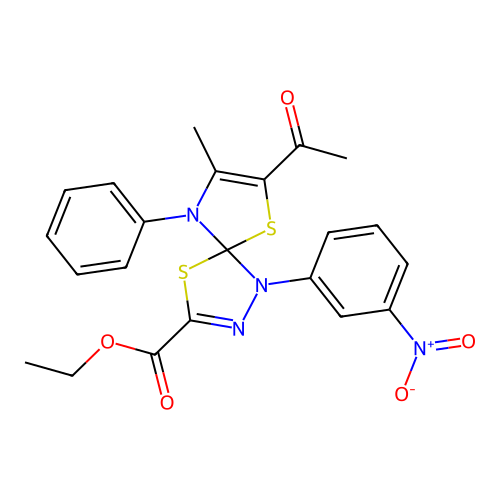 ethyl 7-acetyl-8-methyl-1-(3-nitrophenyl)-9-phenyl-4,6-dithia-1,2,9-triazaspiro[4.4]nona-2,7-diene-3-carboxylate structure