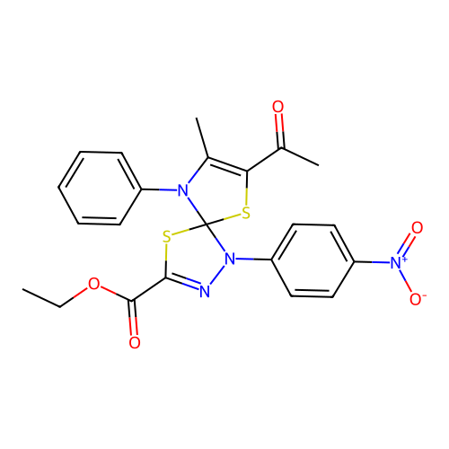 ethyl 7-acetyl-8-methyl-1-(4-nitrophenyl)-9-phenyl-4,6-dithia-1,2,9-triazaspiro[4.4]nona-2,7-diene-3-carboxylate structure