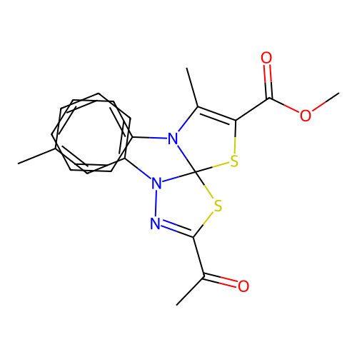 methyl 3-acetyl-8-methyl-1-(3-methylphenyl)-9-phenyl-4,6-dithia-1,2,9-triazaspiro[4.4]nona-2,7-diene-7-carboxylate structure