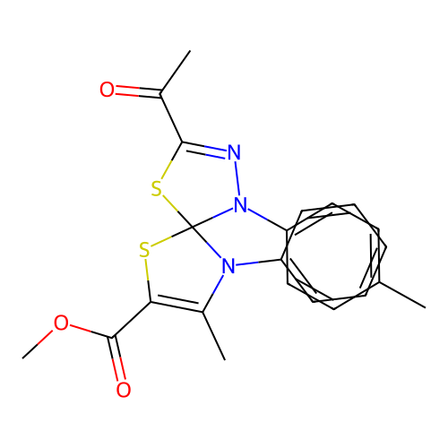 methyl 3-acetyl-8-methyl-1-(4-methylphenyl)-9-phenyl-4,6-dithia-1,2,9-triazaspiro[4.4]nona-2,7-diene-7-carboxylate structure