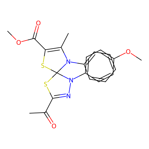 methyl 3-acetyl-1-(4-methoxyphenyl)-8-methyl-9-phenyl-4,6-dithia-1,2,9-triazaspiro[4.4]nona-2,7-diene-7-carboxylate structure