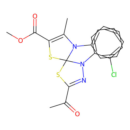 methyl 3-acetyl-1-(2-chlorophenyl)-8-methyl-9-phenyl-4,6-dithia-1,2,9-triazaspiro[4.4]nona-2,7-diene-7-carboxylate structure