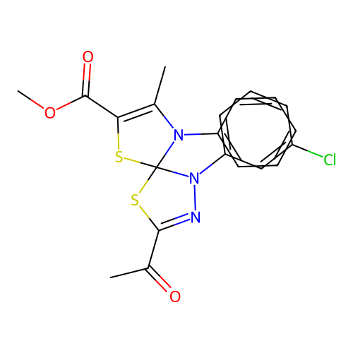 methyl 3-acetyl-1-(3-chlorophenyl)-8-methyl-9-phenyl-4,6-dithia-1,2,9-triazaspiro[4.4]nona-2,7-diene-7-carboxylate structure