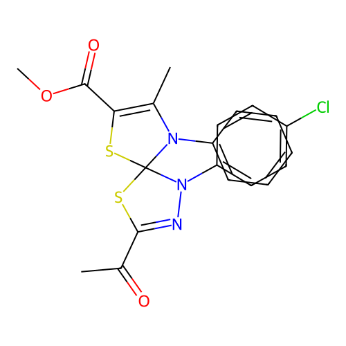 methyl 3-acetyl-1-(4-chlorophenyl)-8-methyl-9-phenyl-4,6-dithia-1,2,9-triazaspiro[4.4]nona-2,7-diene-7-carboxylate structure