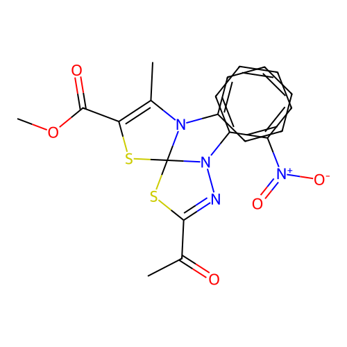 methyl 3-acetyl-8-methyl-1-(2-nitrophenyl)-9-phenyl-4,6-dithia-1,2,9-triazaspiro[4.4]nona-2,7-diene-7-carboxylate structure