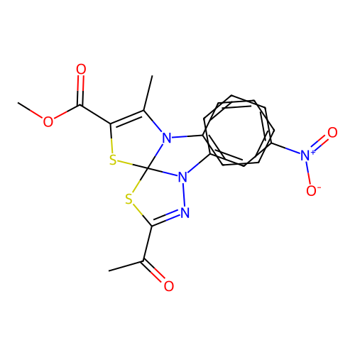 methyl 3-acetyl-8-methyl-1-(3-nitrophenyl)-9-phenyl-4,6-dithia-1,2,9-triazaspiro[4.4]nona-2,7-diene-7-carboxylate structure