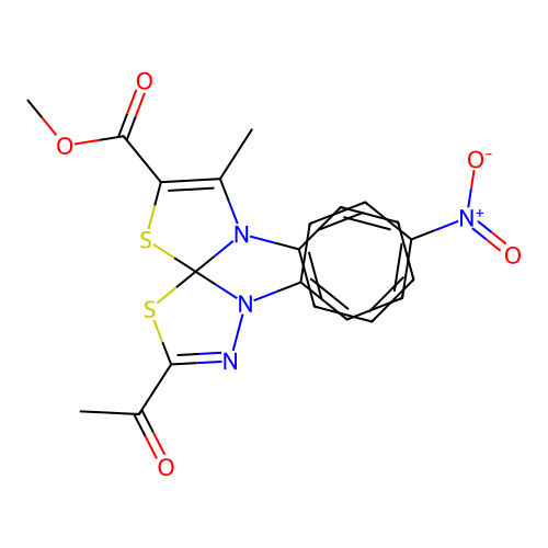 methyl 3-acetyl-8-methyl-1-(4-nitrophenyl)-9-phenyl-4,6-dithia-1,2,9-triazaspiro[4.4]nona-2,7-diene-7-carboxylate structure