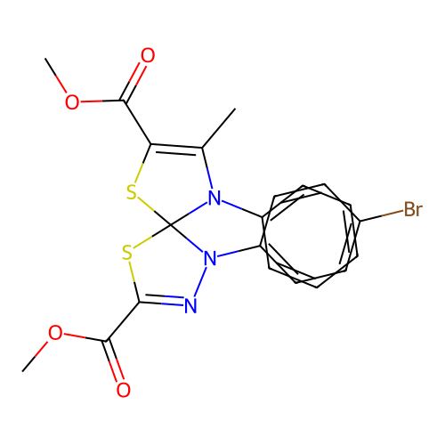 dimethyl 1-(4-bromophenyl)-8-methyl-9-phenyl-4,6-dithia-1,2,9-triazaspiro[4.4]nona-2,7-diene-3,7-dicarboxylate structure
