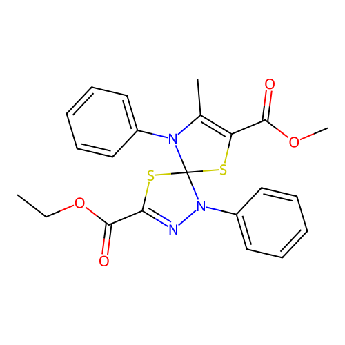 3-ethyl 7-methyl 8-methyl-1,9-diphenyl-4,6-dithia-1,2,9-triazaspiro[4.4]nona-2,7-diene-3,7-dicarboxylate structure