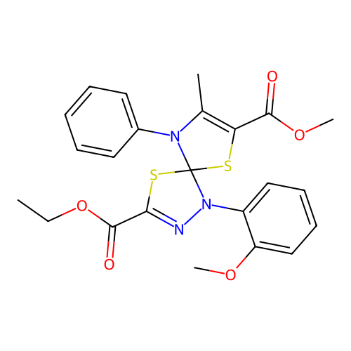 3-ethyl 7-methyl 1-(2-methoxyphenyl)-8-methyl-9-phenyl-4,6-dithia-1,2,9-triazaspiro[4.4]nona-2,7-diene-3,7-dicarboxylate structure